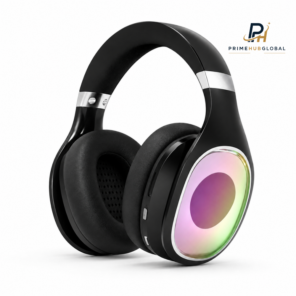 سماعات رأس لاسلكية بتقنية Bluetooth وإضاءة RGB LED ووسائد أذن مريحة – Prime Hub Global