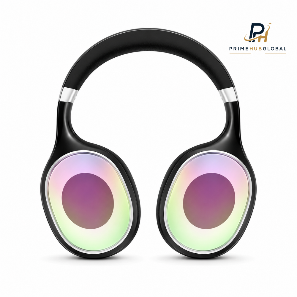 سماعات رأس لاسلكية بتقنية Bluetooth وإضاءة RGB LED ووسائد أذن مريحة – Prime Hub Global