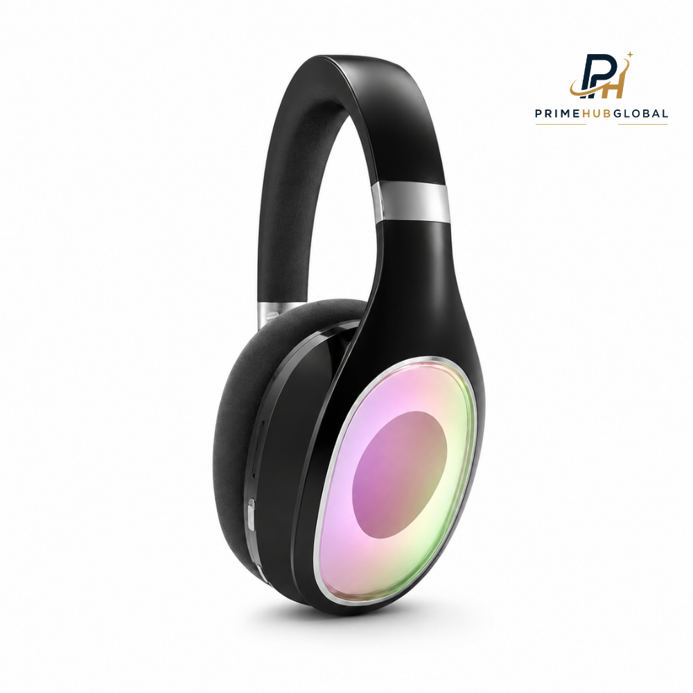 سماعات رأس لاسلكية بتقنية Bluetooth وإضاءة RGB LED ووسائد أذن مريحة – Prime Hub Global
