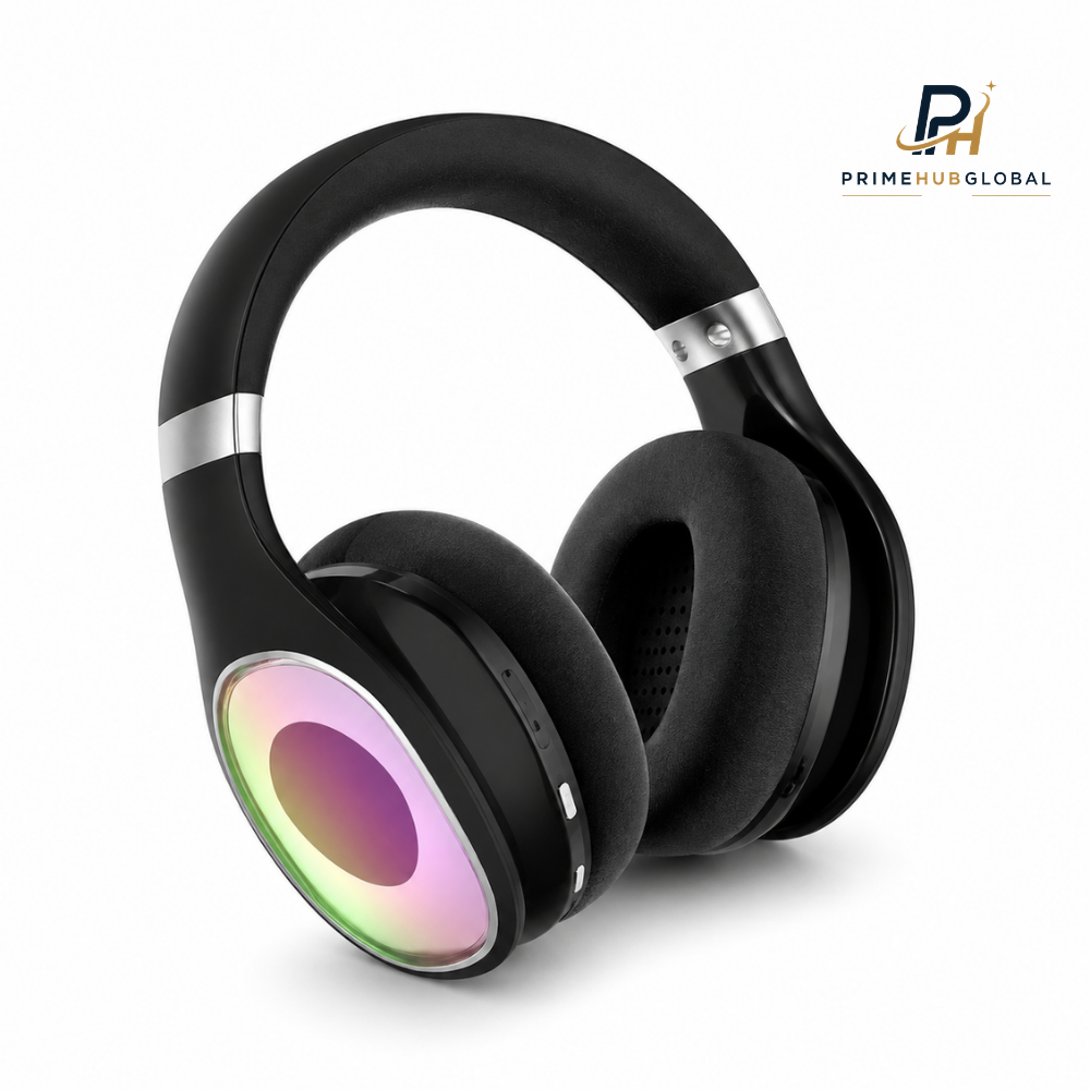 سماعات رأس لاسلكية بتقنية Bluetooth وإضاءة RGB LED ووسائد أذن مريحة – Prime Hub Global