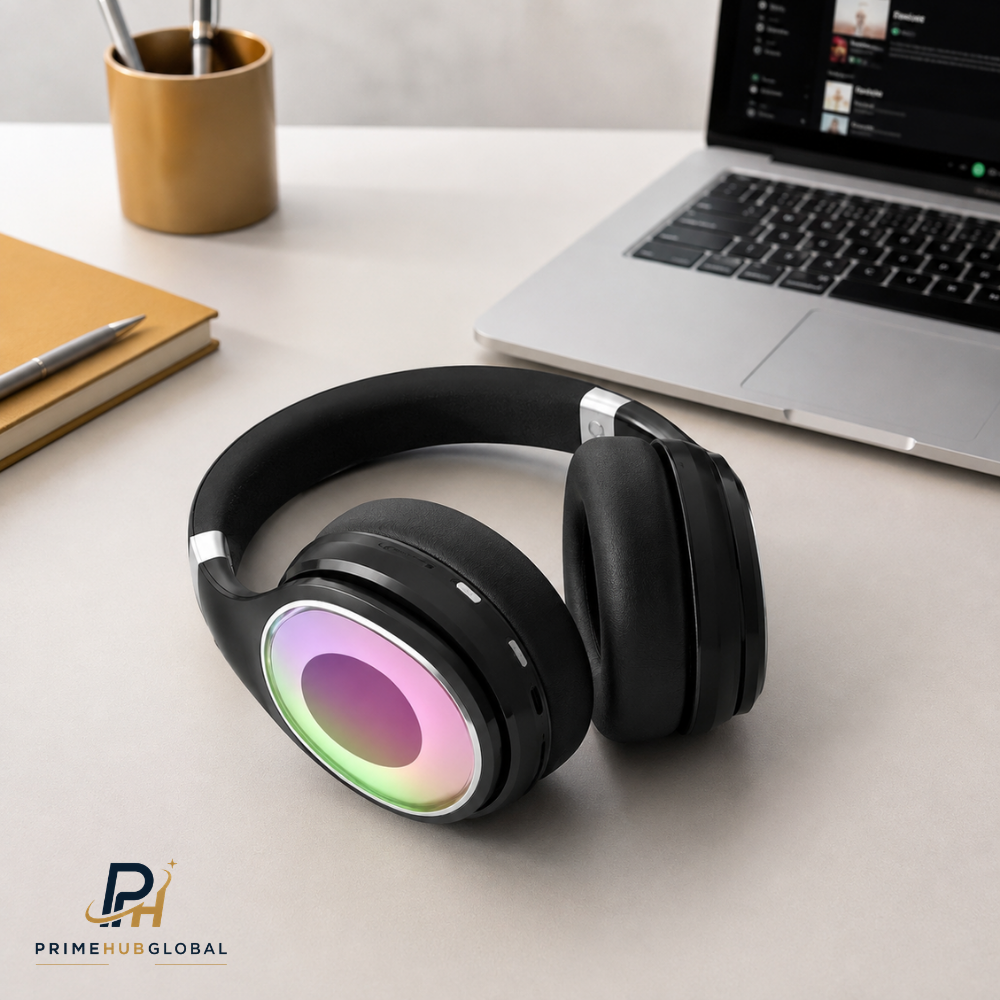 سماعات رأس لاسلكية بتقنية Bluetooth وإضاءة RGB LED ووسائد أذن مريحة – Prime Hub Global