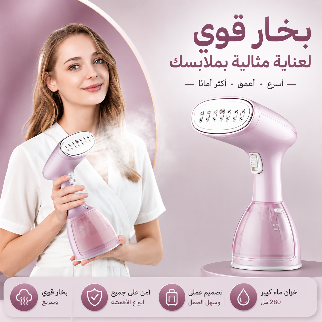 Prime Hub Global 1500W handheld garment steamer 280ml pink
